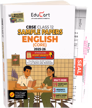 Cover of EduCart CBSE Class 12 English Core Sample Papers book for 2025-26 featuring two students studying and details of included theory maps, worksheets, and sample papers.