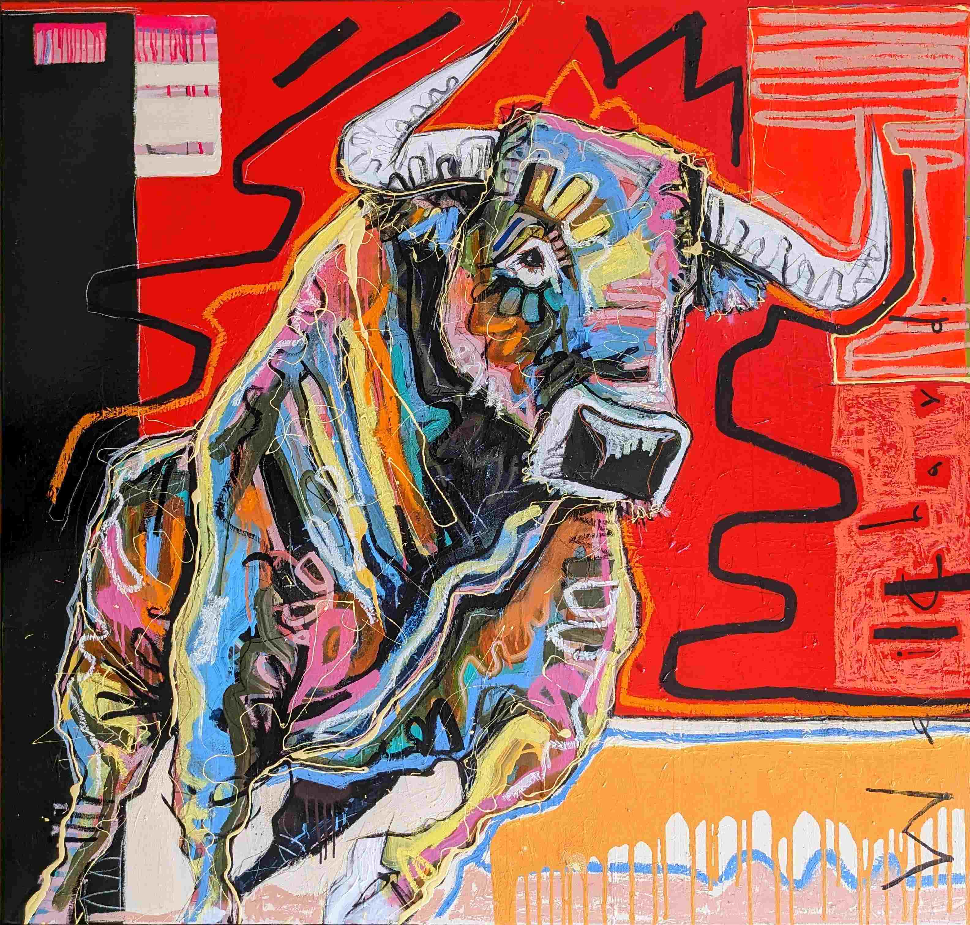 Painting of a bull in full stance with horns forward facing the viewer on a red background by Contemporary Australian Artist Aidan Weichard