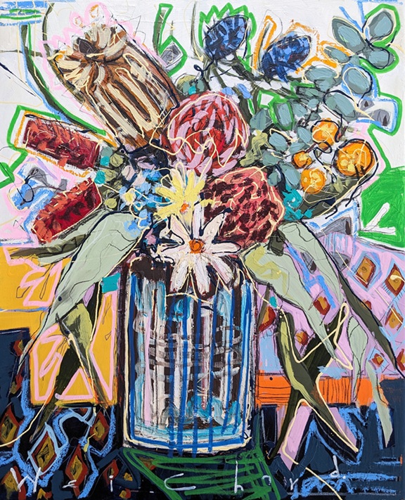 Painting of native flowers including waratahs in a vase by Contemporary Australian Artist Aidan Weichard