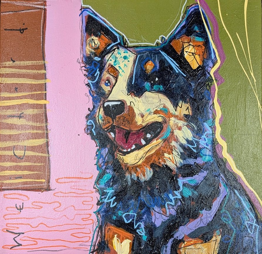 Friendly Kelpie with open mouth looking into the distance, set against earthy green, rosa, brown, beige, and orange line-worked background in Aidan Weichard’s style.