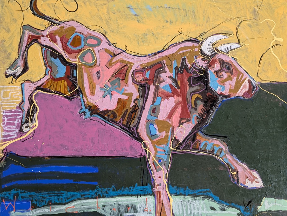 Running bull with hindquarters raised, set against a golden, earthy pink, and forest-green background in Aidan Weichard’s expressive style.