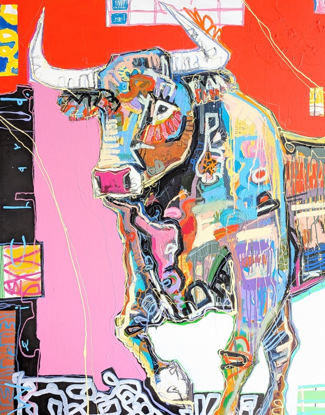 His Shadow Fields by Aidan Weichard, a 155 x 124 cm contemporary Australian bull painting in vibrant red, pink, blue and white tones, presented in a Tasmanian oak floating frame and styled in an elegant modern living room.