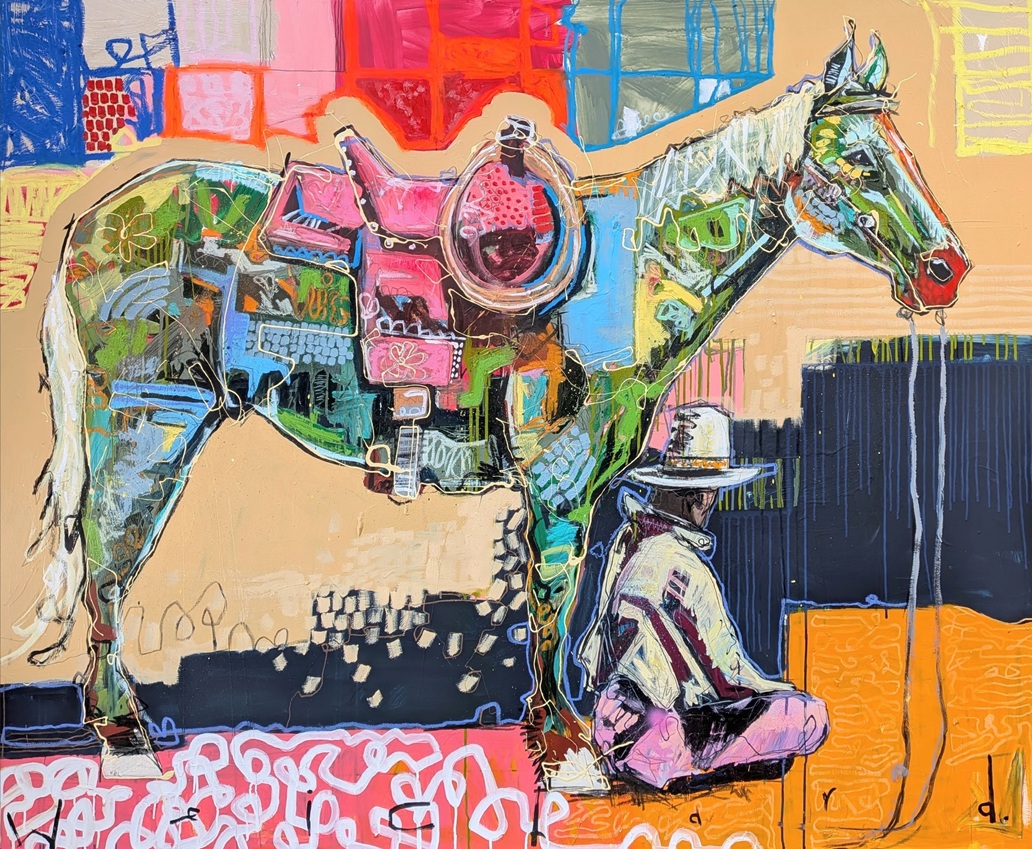 Aidan Weichard painting of western rider cowboy sitting infront of his horse