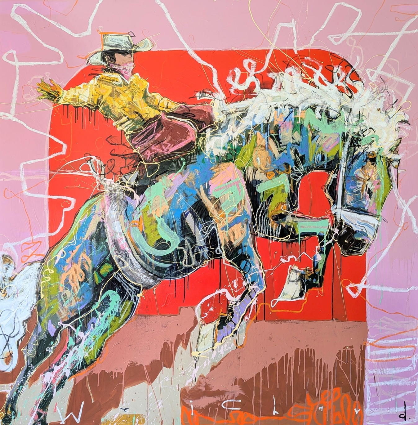 Aidan Weichard painting of western rider cowboy riding rodeo bucking horse