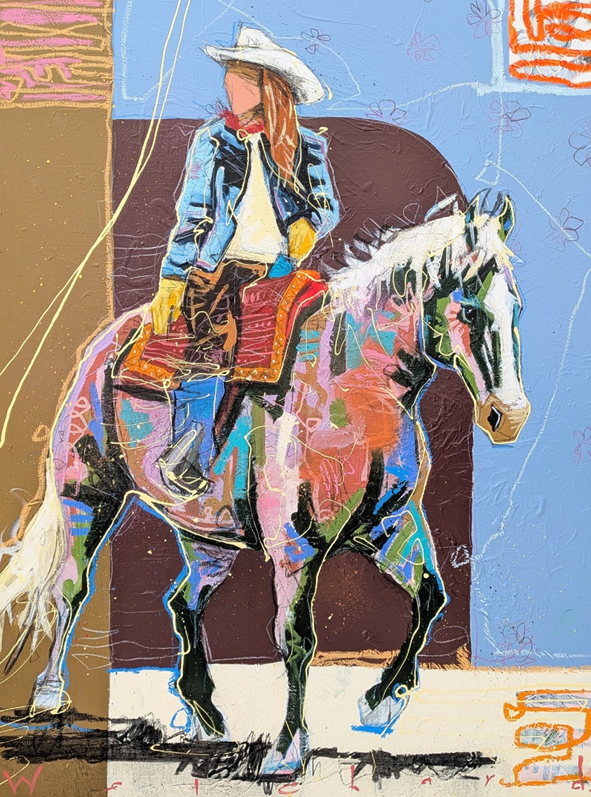 Aidan Weichard painting of western rider cowgirl riding her horse