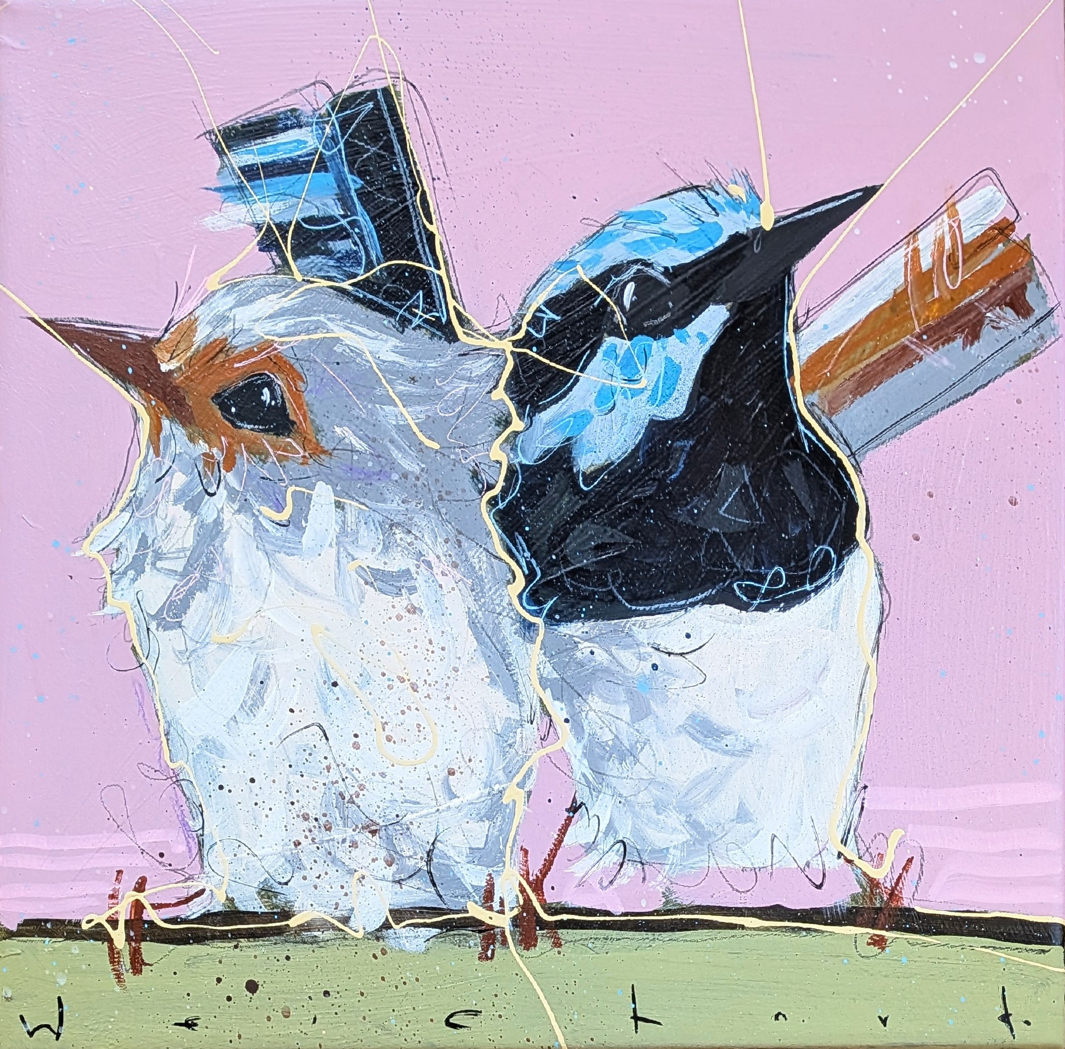 Original wren painting by Australian artist Aidan Weichard. Two wrens, a male and female, sit closely together on a branch, alert and content, against a soft pink background. The birds are painted in traditional wren colours with expressive, vibrant brushwork.