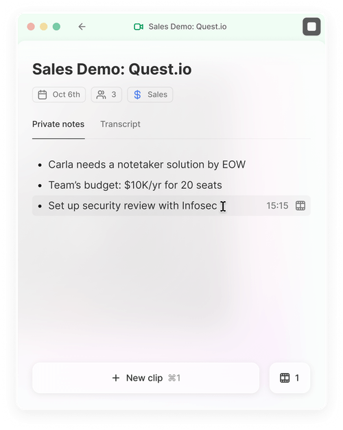 A screenshot of a notepad titled "Sales Demo: Quest.io" with notes under.