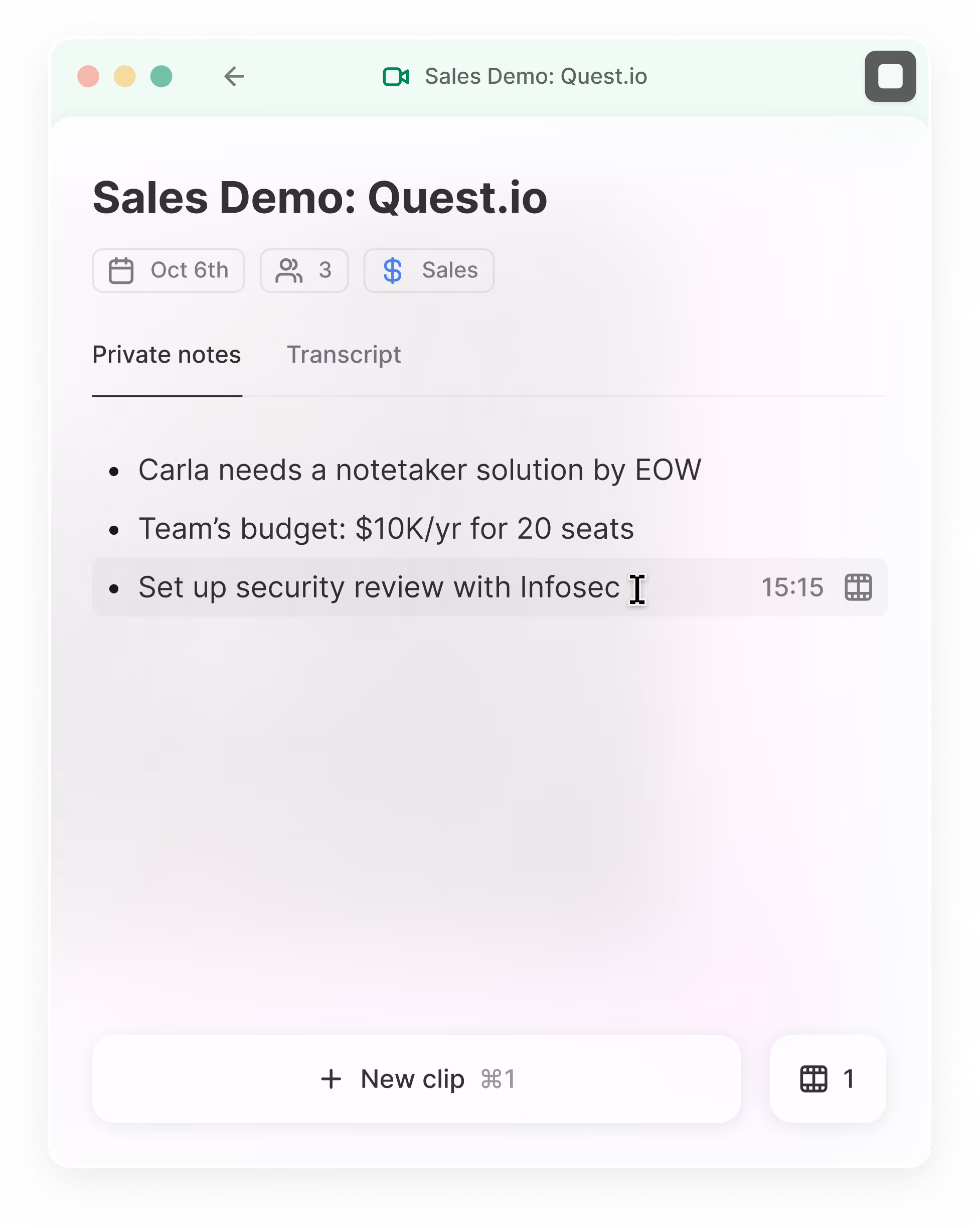 A screenshot of a notepad titled "Sales Demo: Quest.io" with notes under.