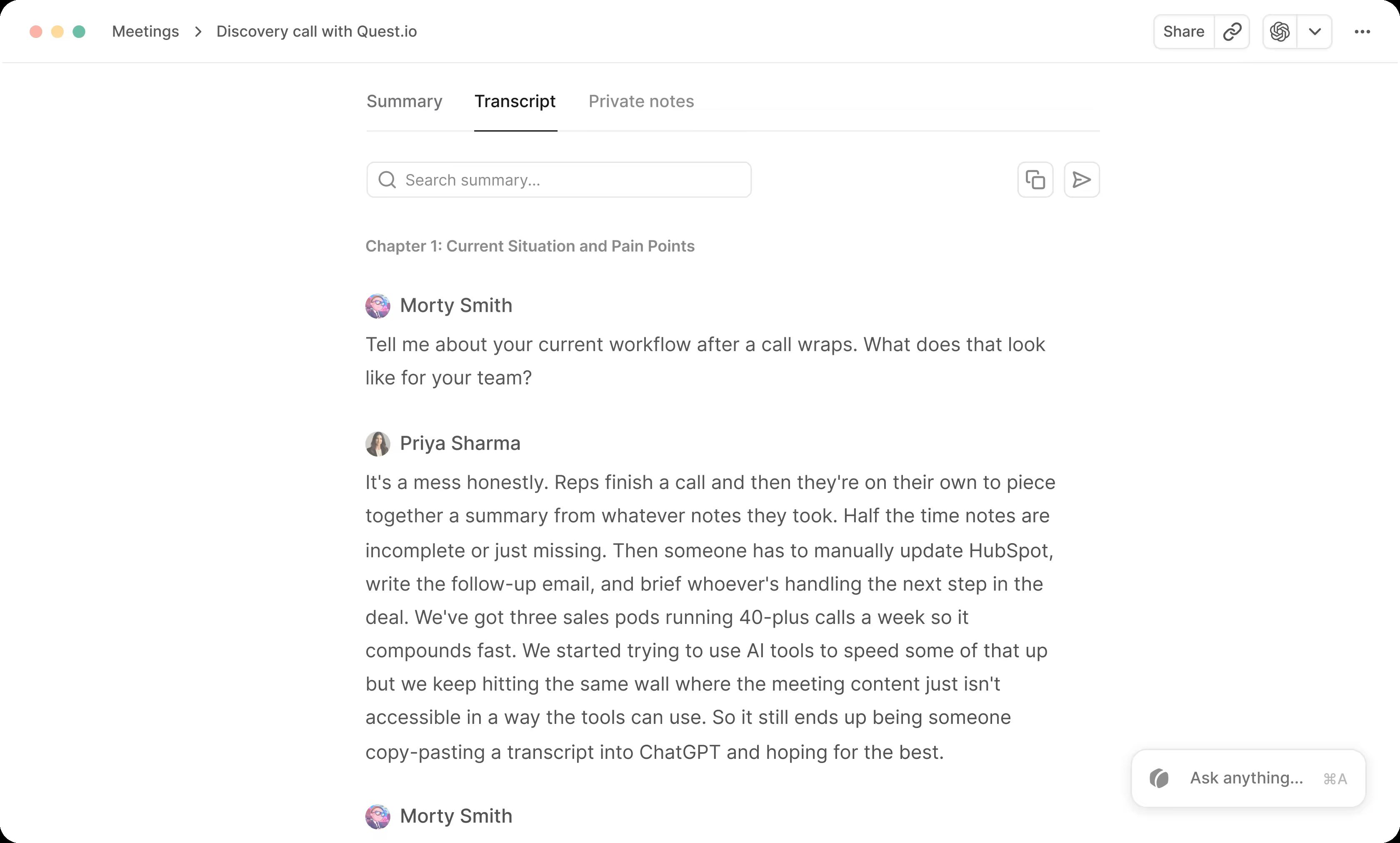 A screenshot of a Grain meeting transcript.