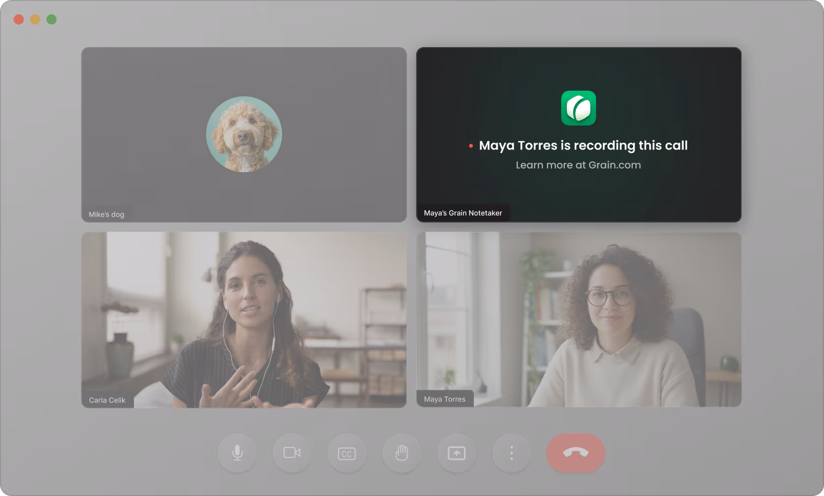 A video call with 3 participants and an AI Notetaker from Grain.