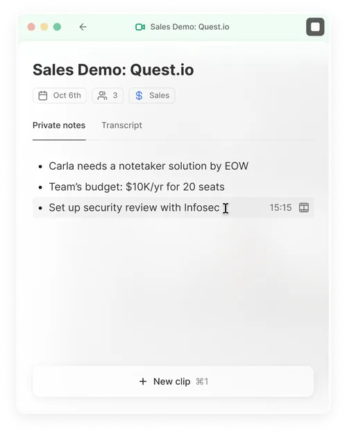 A notepad titled Sales Demo: Quest.io with notes taken from a sales meeting.