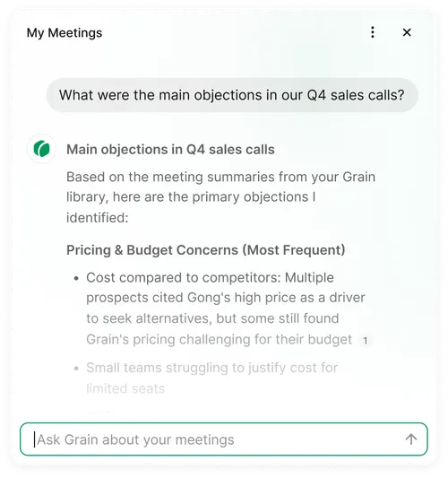 A popup chat of Grain AI, containing a conversation about Q4 sales calls.