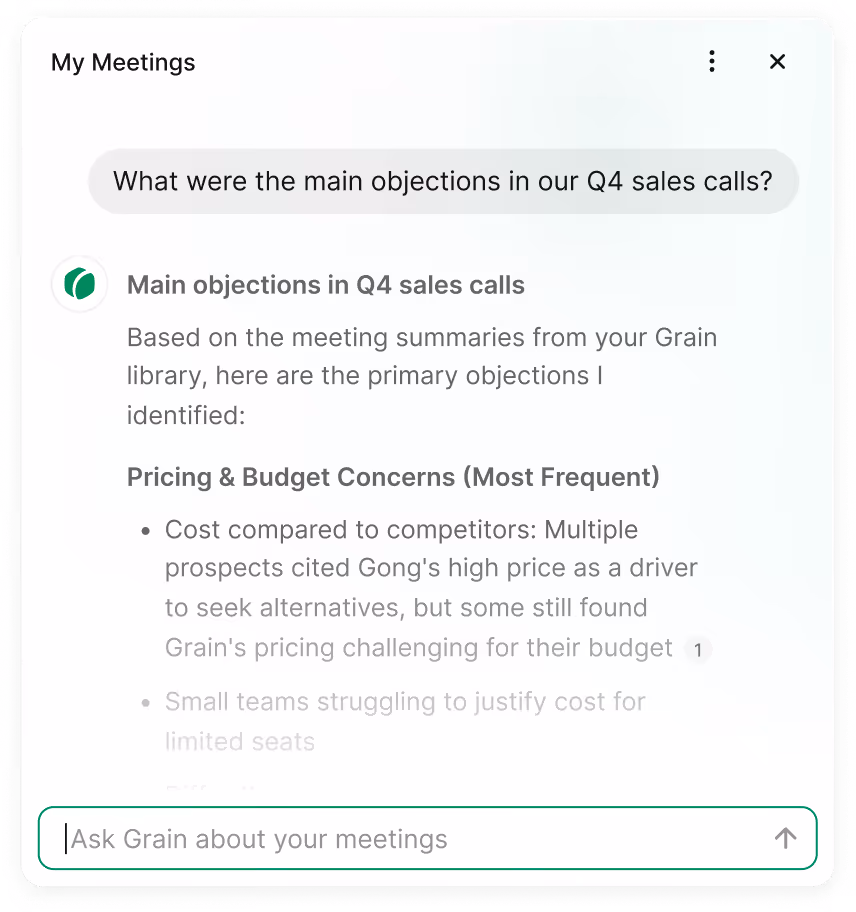 A popup chat of Grain AI, containing a conversation about Q4 sales calls.