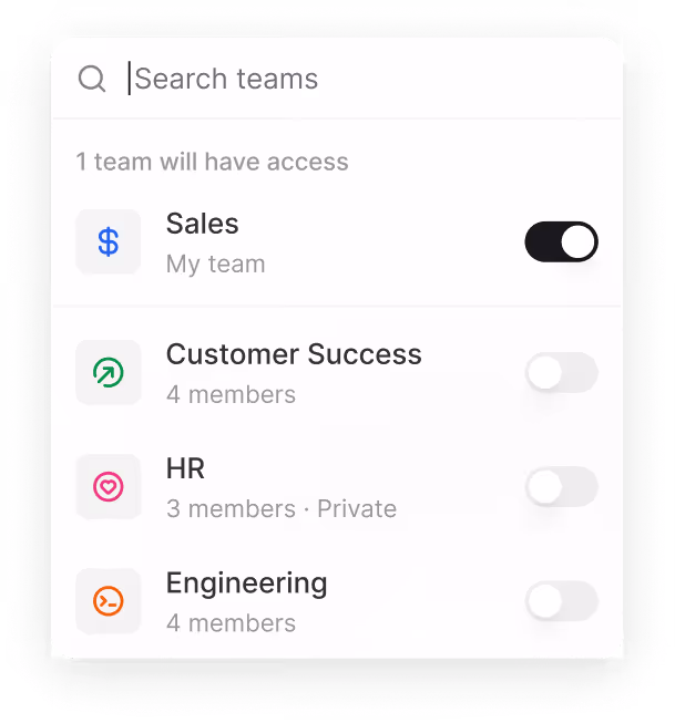 Popup of a team selector with "Sales" checked and "Customer Success", "HR", and "Engineering" unchecked.