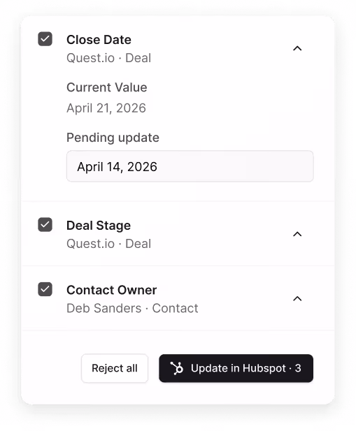 A HubSpot popup revealing data on Close Date, Current Value, and more.