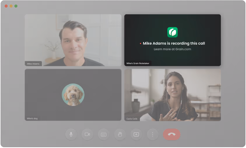 A video call with 3 participants and a Grain AI notetaker.