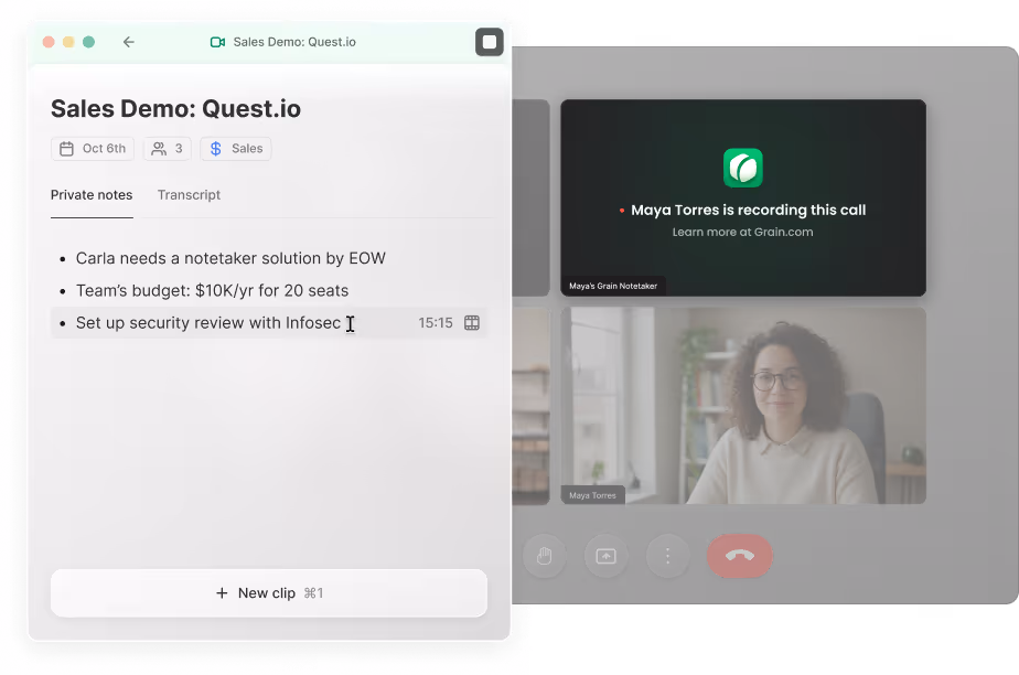 A video call, with a notepad popup overlayed.