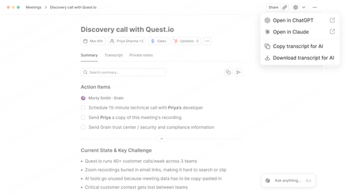 A summary of a video call, with links to AI agents overlayed as a popup in the top right corner.