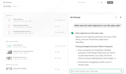 A screenshot of upcoming meetings, with a chat overlayed (Grain AI) containing information about the meetings.