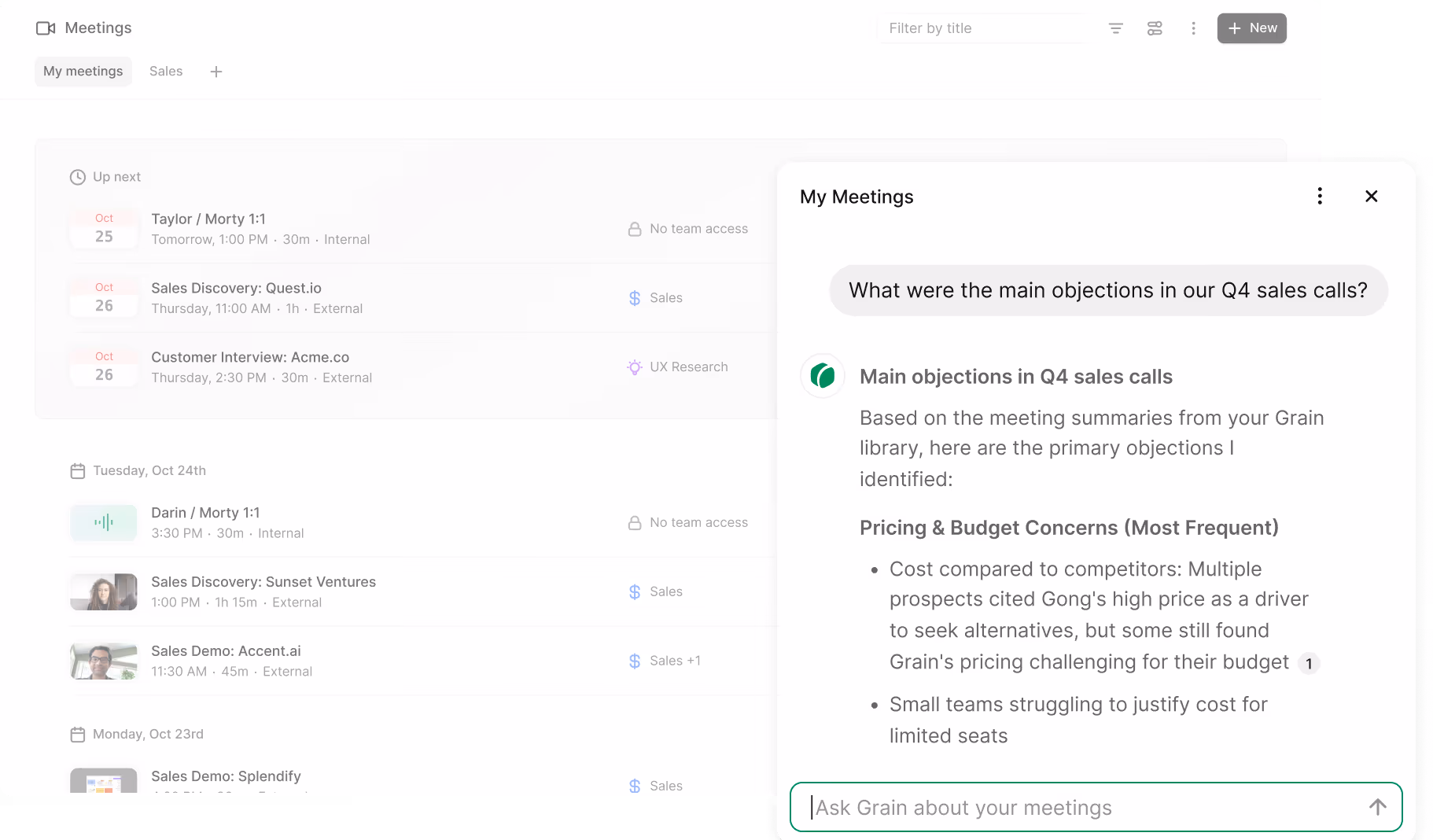 A screenshot of upcoming meetings, with a chat overlayed (Grain AI) containing information about the meetings.