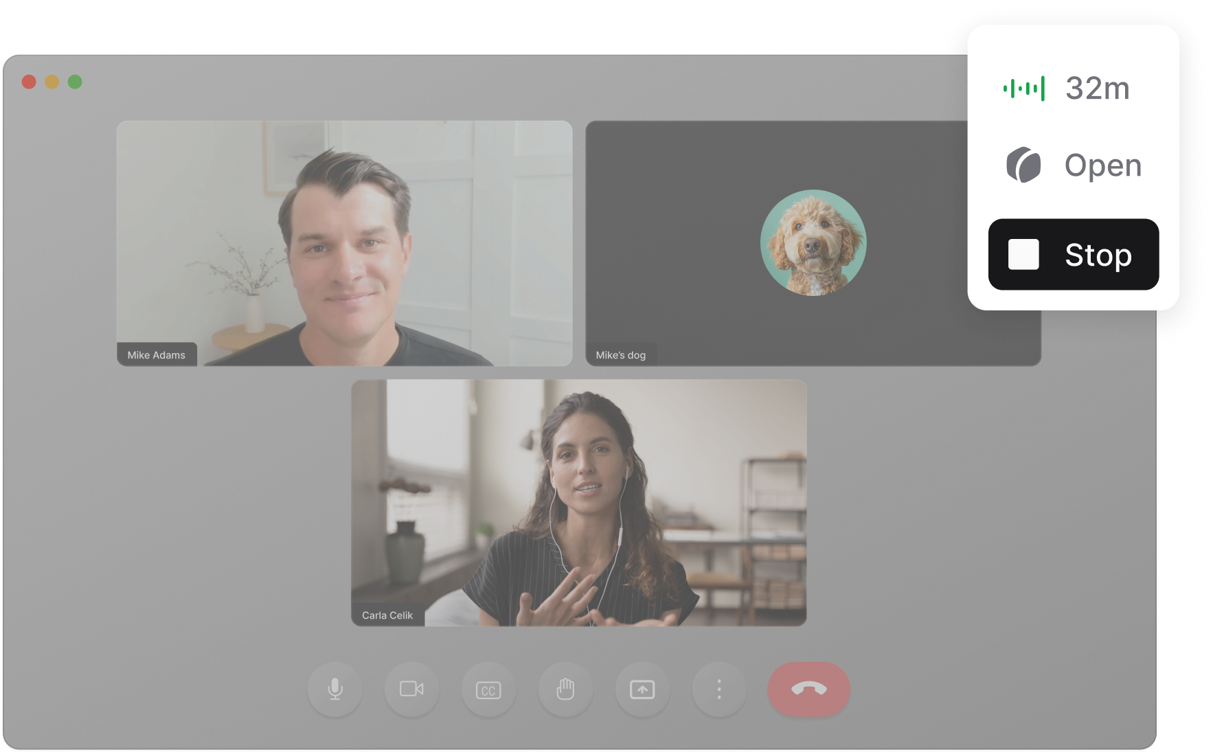 Screenshot of a meeting summary app showing purpose, chapters, outcomes, and action items with part of a transcript highlighted in green.