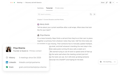 A transcript of video call, with a popup of a participants contact information.