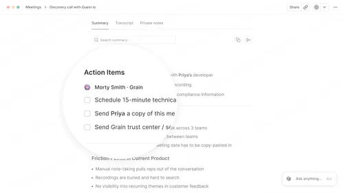 A summary with Action Items magnified.