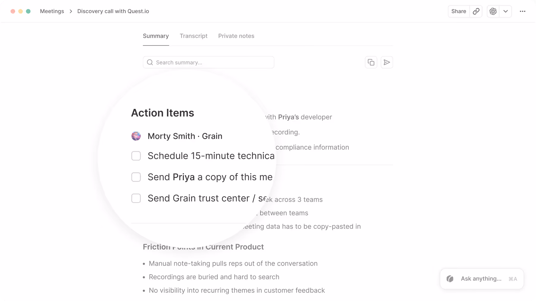 A summary with Action Items magnified.