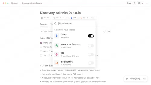 A summary of a video call with a popup that has different teams marked and unmarked.