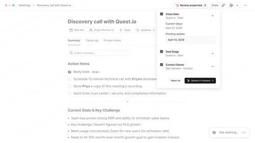 A summary of a videocall with HubSpot integration overlayed.