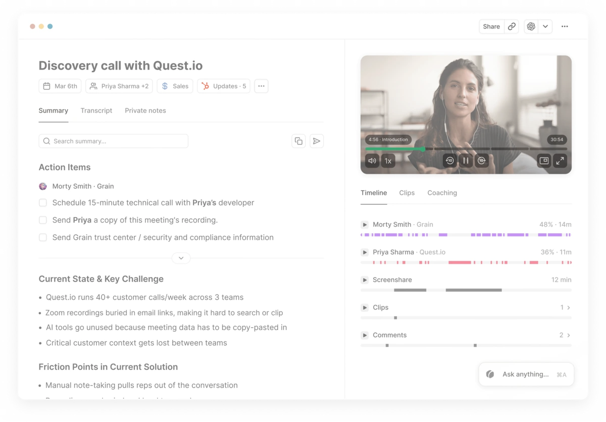 A screenshot of Grain's notetaker with the company Quest.io