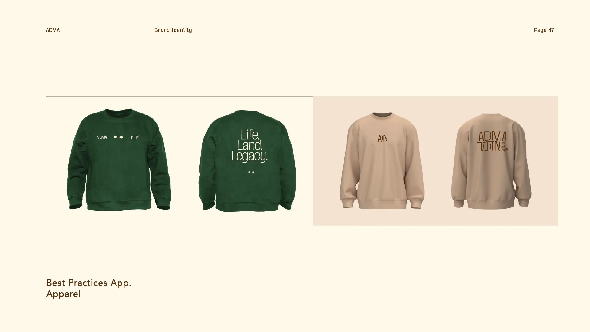 Two sweatshirts shown front and back: dark green with ADMA and Hebrew text on front, 'Life. Land. Legacy.' on back; beige with stylized 'A:N' on front, ADMA and Hebrew text plus 'Life Land Legacy.' on back.