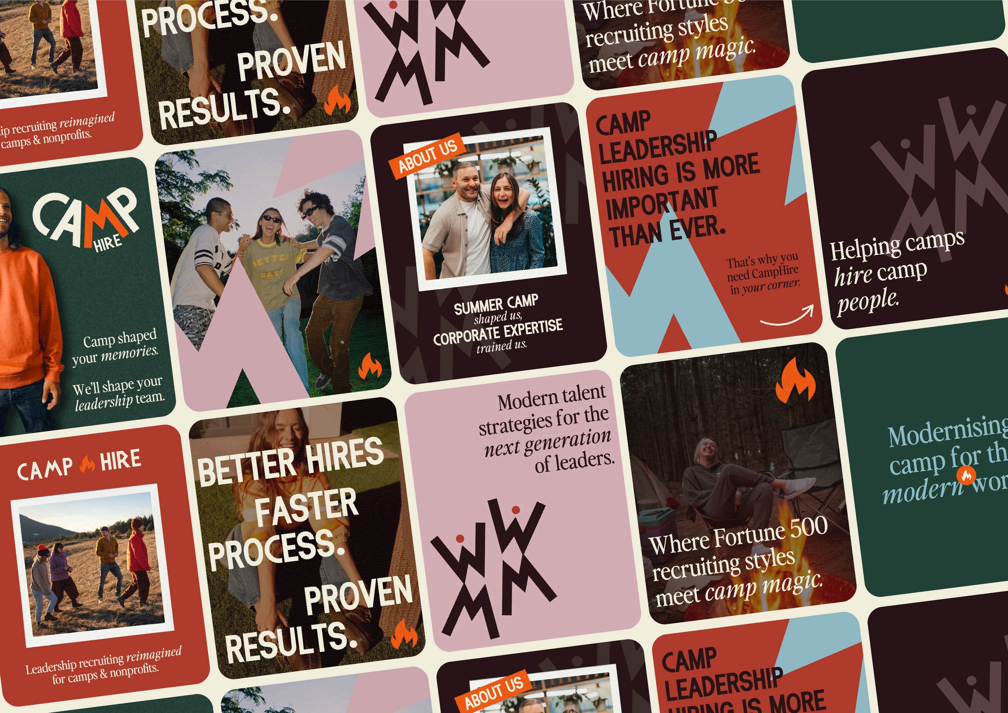 Collage of camp-related images and text blocks promoting camp leadership hiring, better hires, and modern talent strategies with people outdoors and around a campfire.
