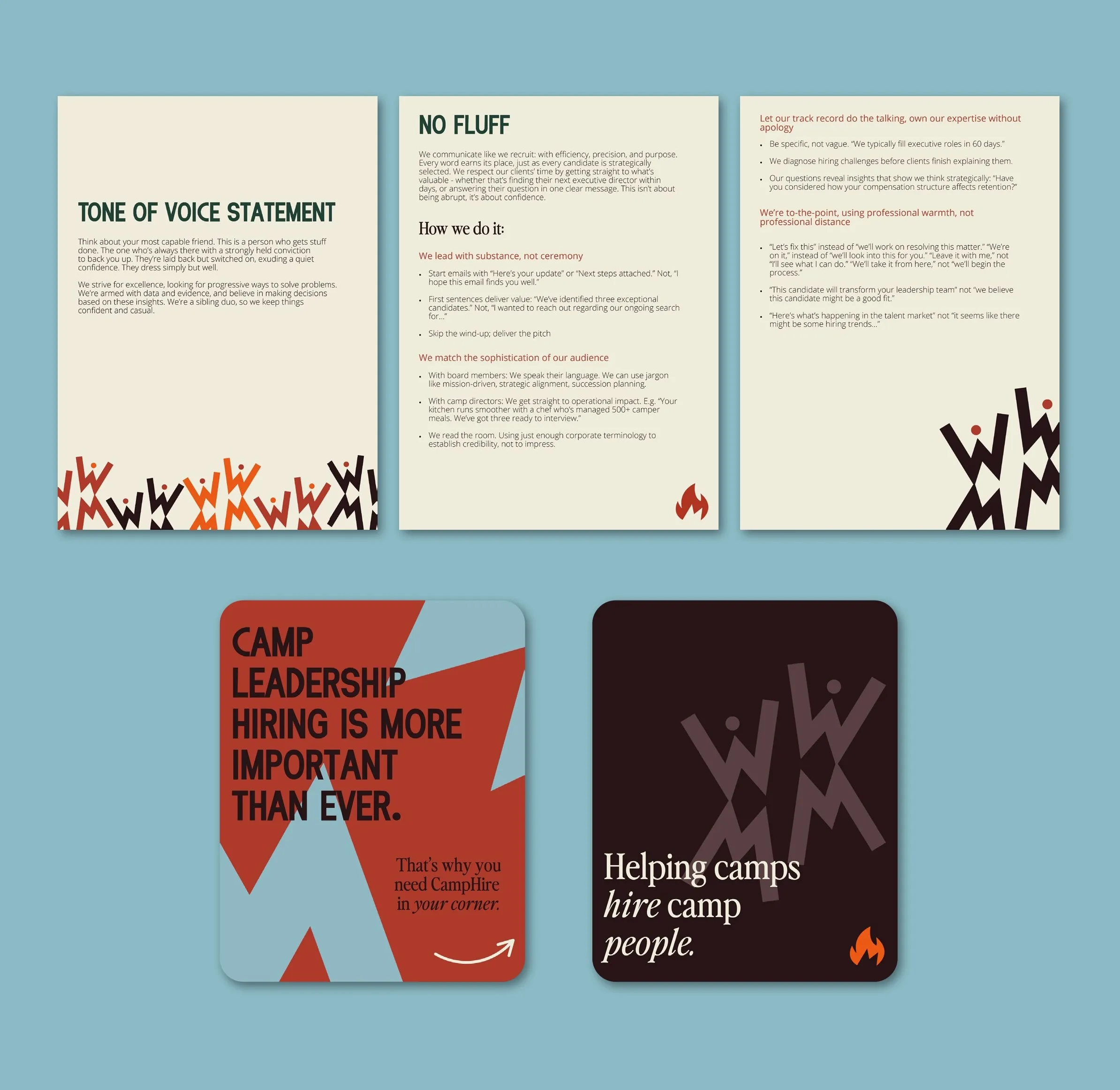 Six branded slides and cards on a blue background; tone of voice statement, no fluff communication guidelines, expert hiring advice, and messages emphasizing the importance of camp leadership hiring and camp people hiring.