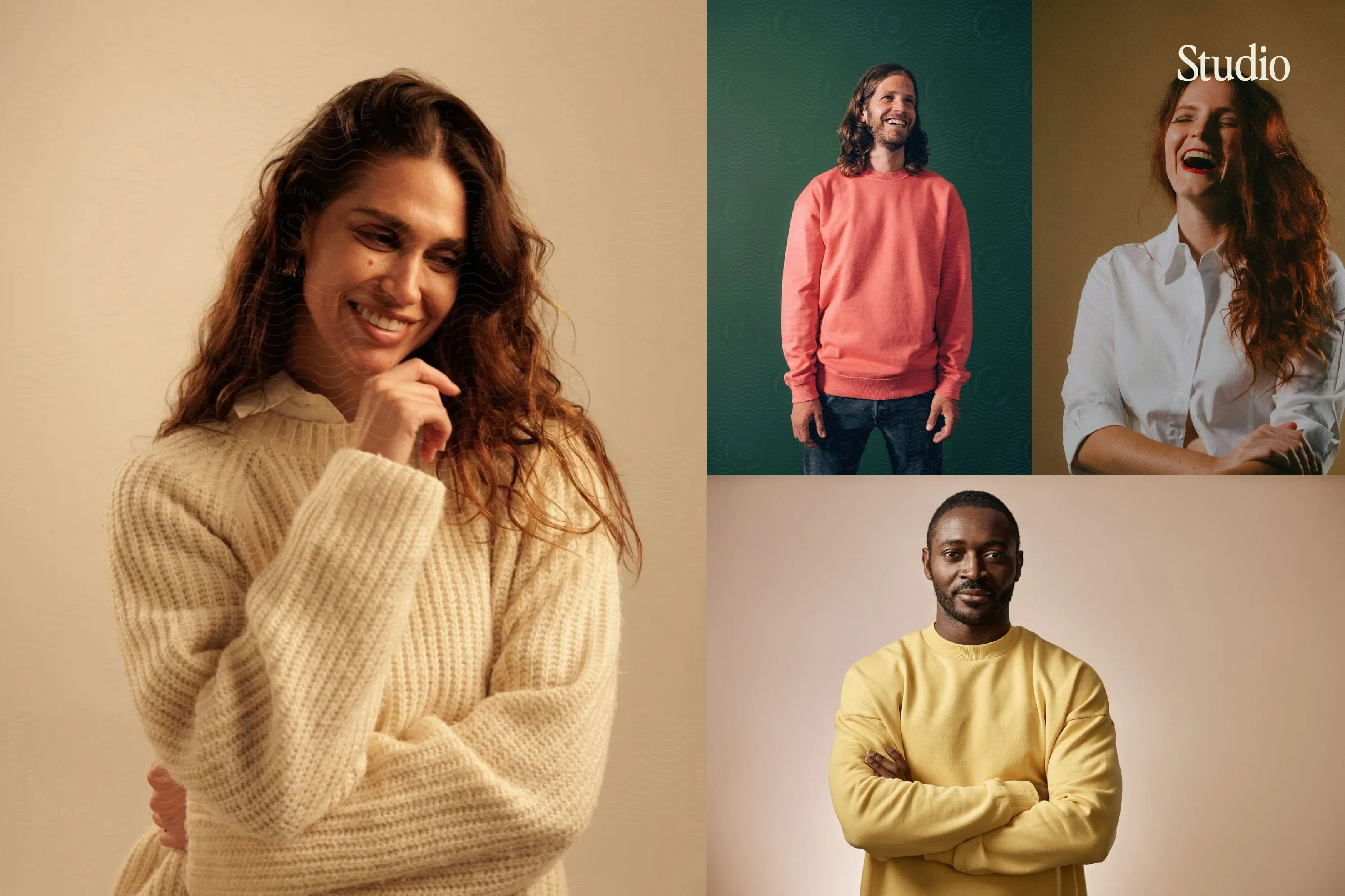 Collage of four diverse people in studio portraits wearing casual sweaters and shirts, smiling or looking thoughtful.