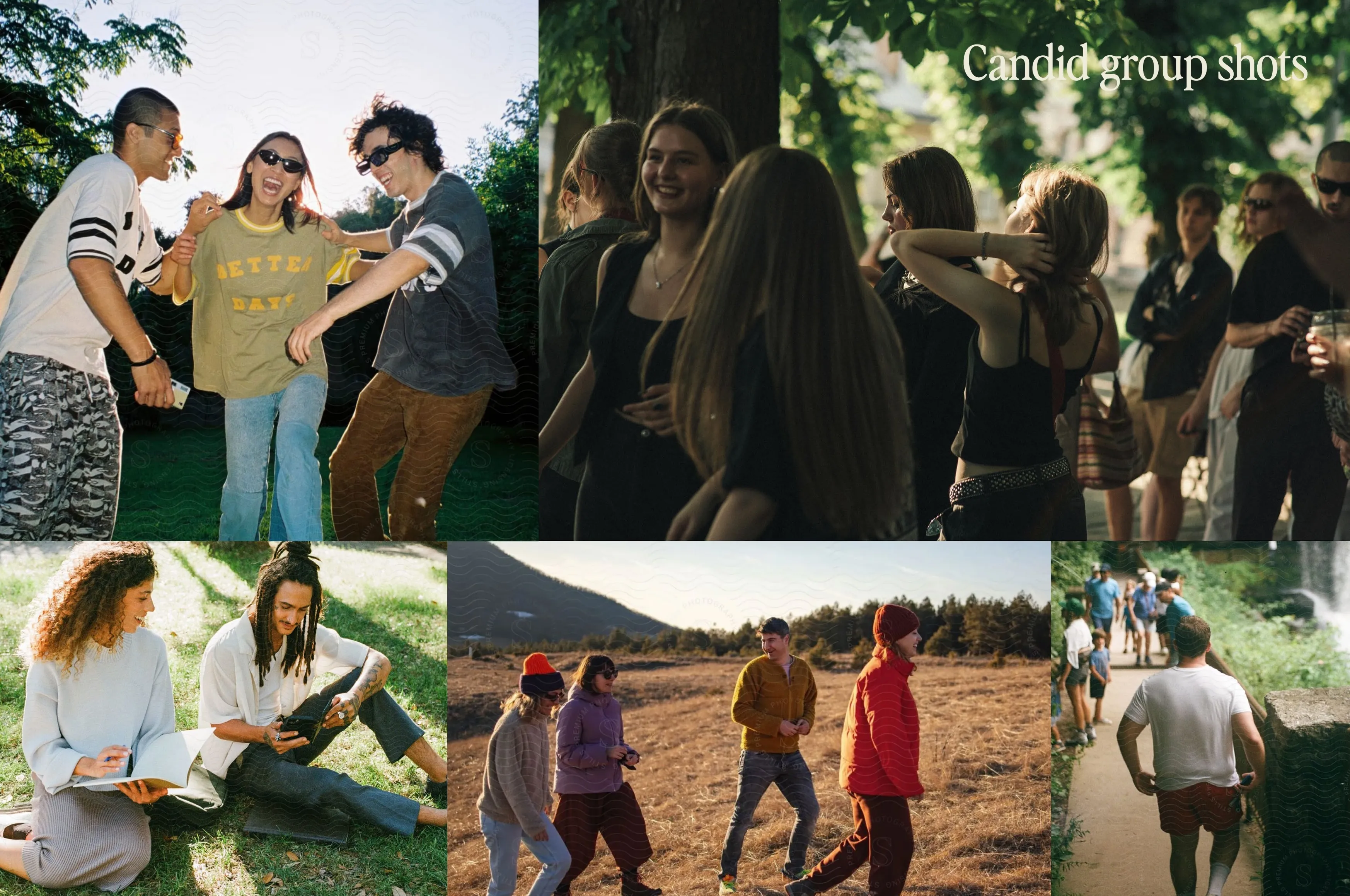 Collage of candid group shots showing people laughing, walking outdoors in nature, and socializing in various settings.