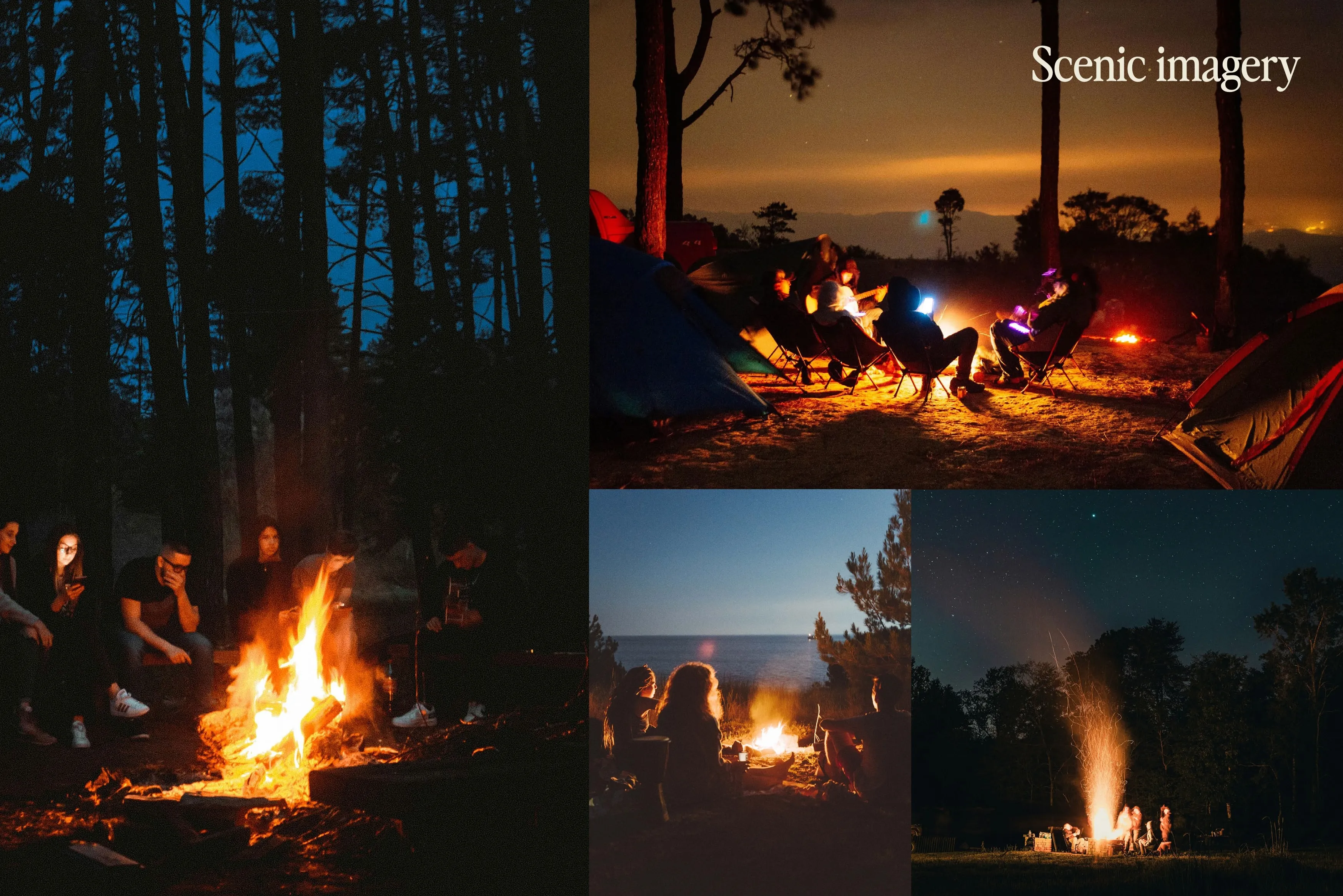 Collage of groups around campfires at night in outdoor scenic settings with trees, tents, and starry sky.