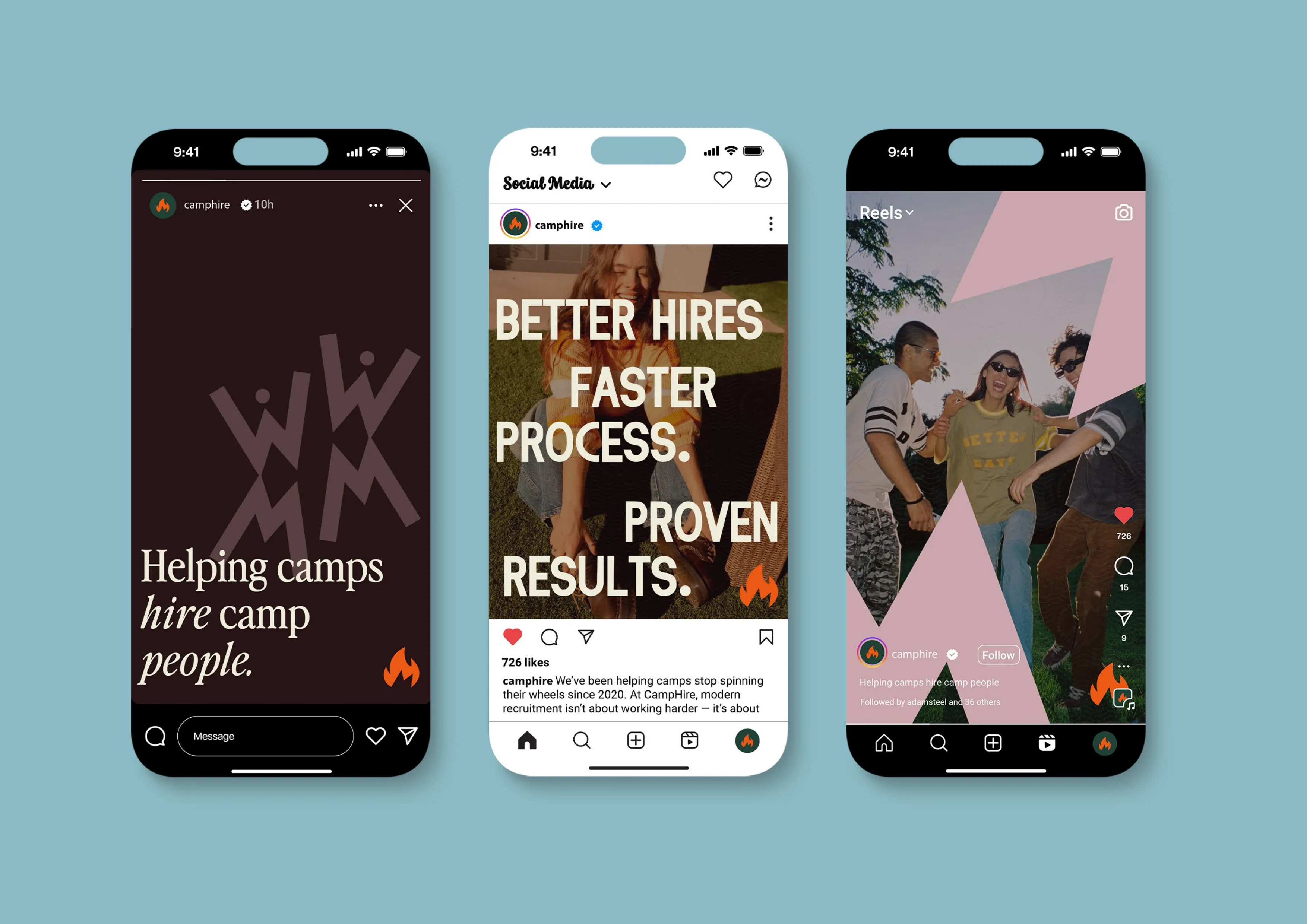 Three smartphone screens showing social media posts by Camphire: left screen with text 'Helping camps hire camp people' on dark background; center screen with smiling woman and text 'Better hires faster process. Proven results.'; right screen with group of three people outdoors, overlaid with pink geometric shapes.