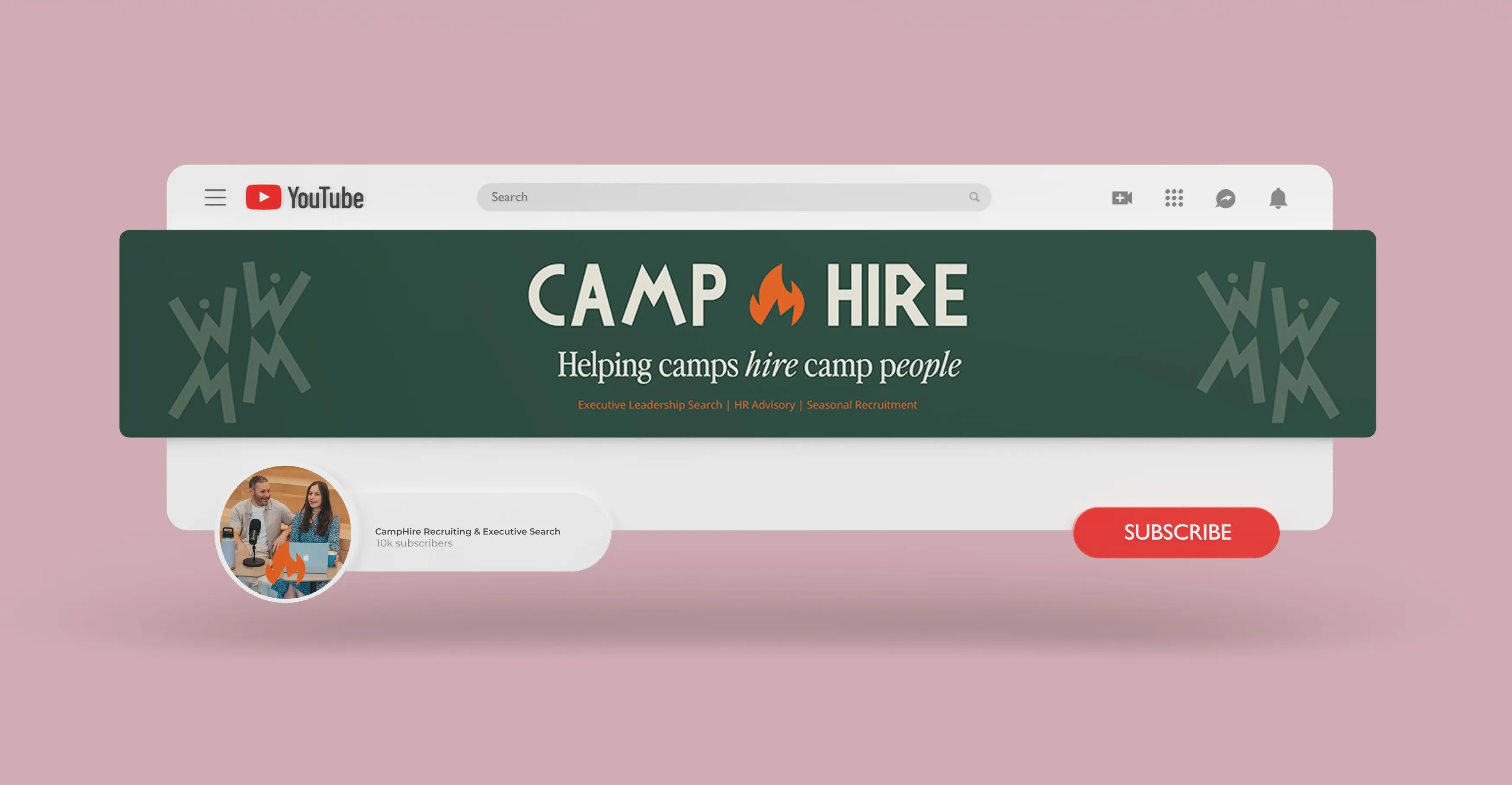 YouTube channel page for CampHire with a green banner featuring the CampHire logo and tagline 'Helping camps hire camp people'.