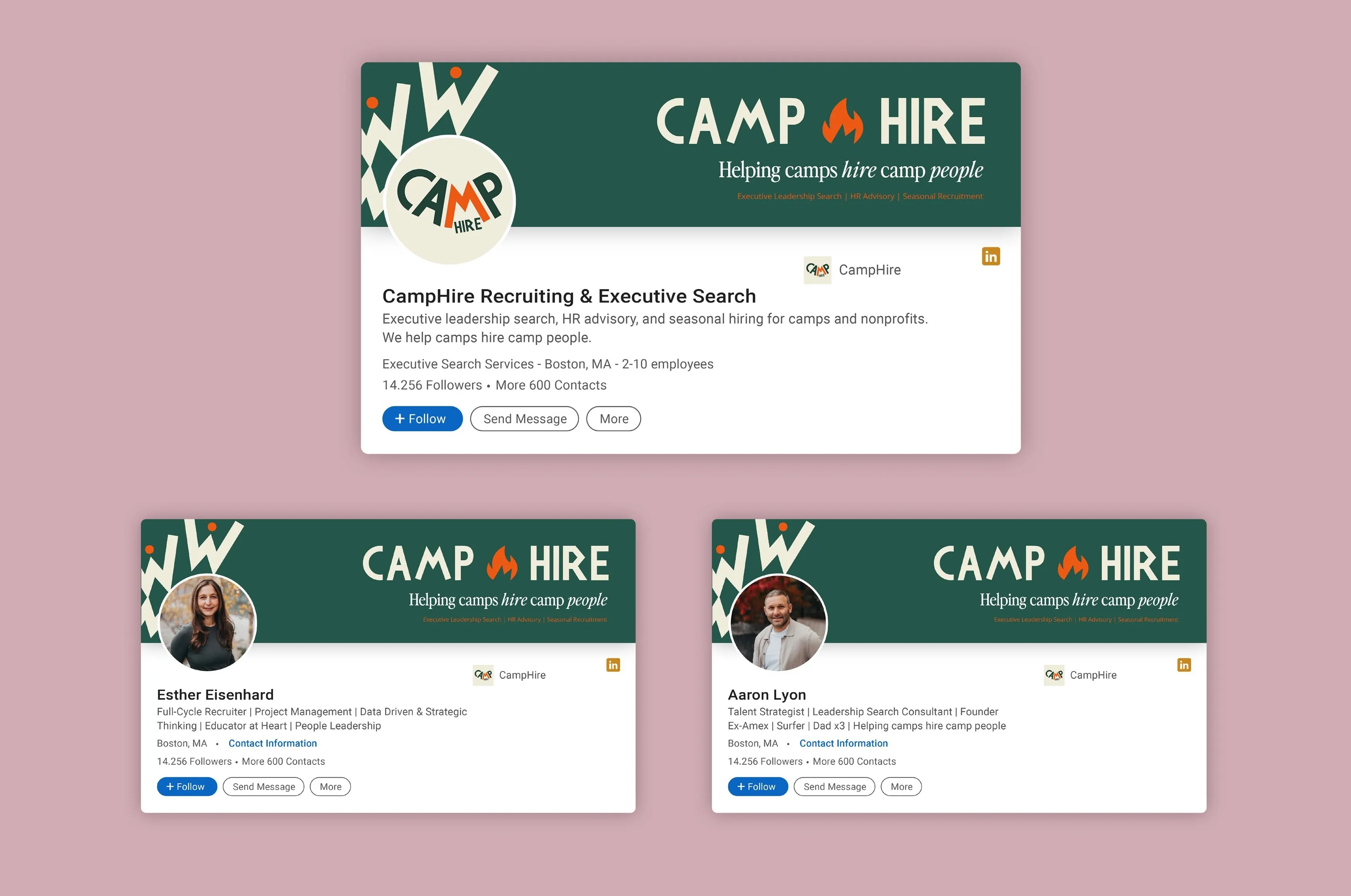 Three professional LinkedIn profiles for CampHire, showing company branding and profile details of Esther Eisenhard and Aaron Lyon with their roles and contact options.