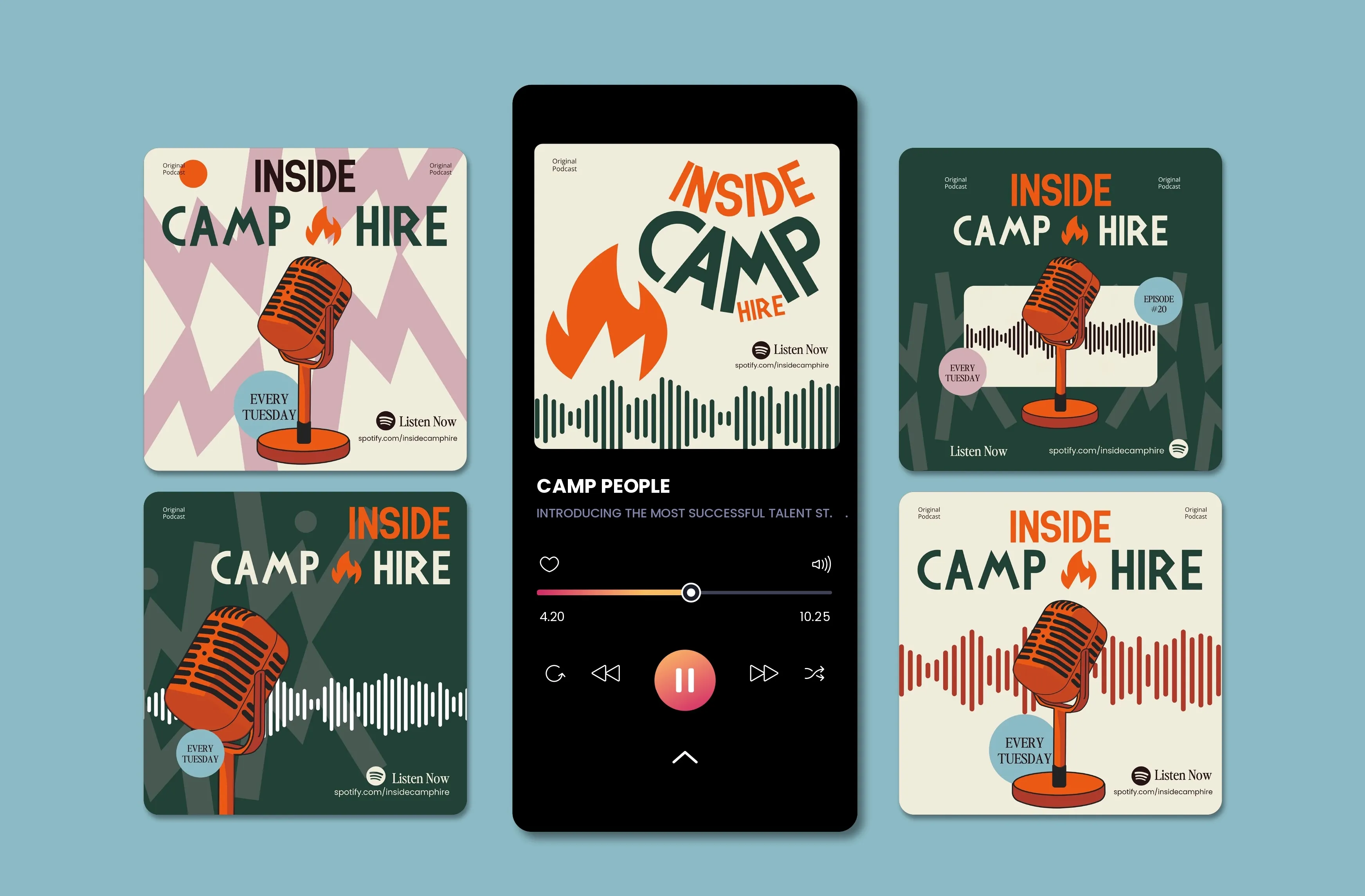 A smartphone screen shows the podcast 'Inside Camp Hire' playing, surrounded by four different podcast cover designs featuring an orange vintage microphone, sound waves, and text promoting episodes every Tuesday.