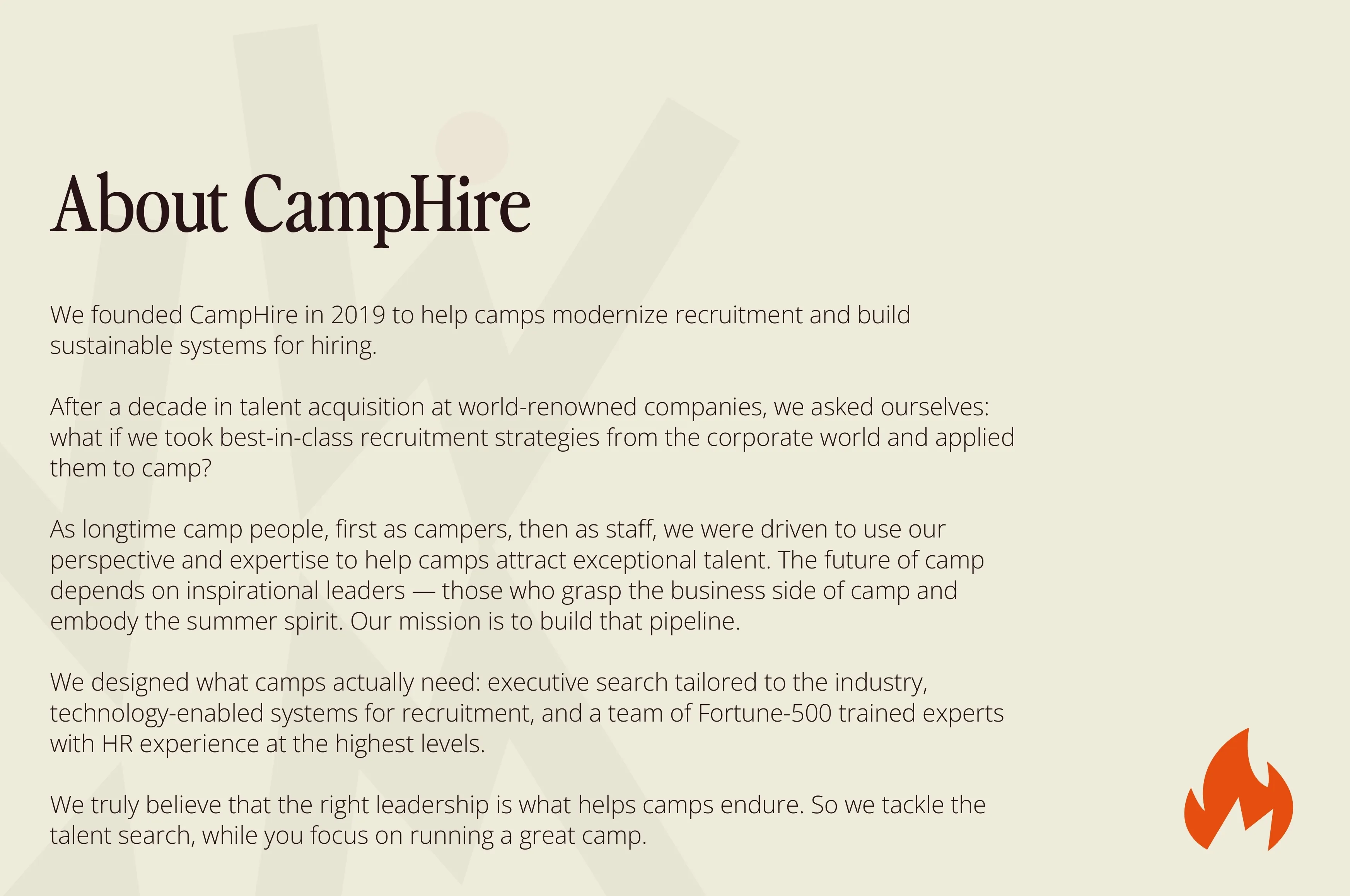 Text explaining CampHire's mission to modernize camp recruitment with executive search and HR expertise, alongside a small orange flame logo.