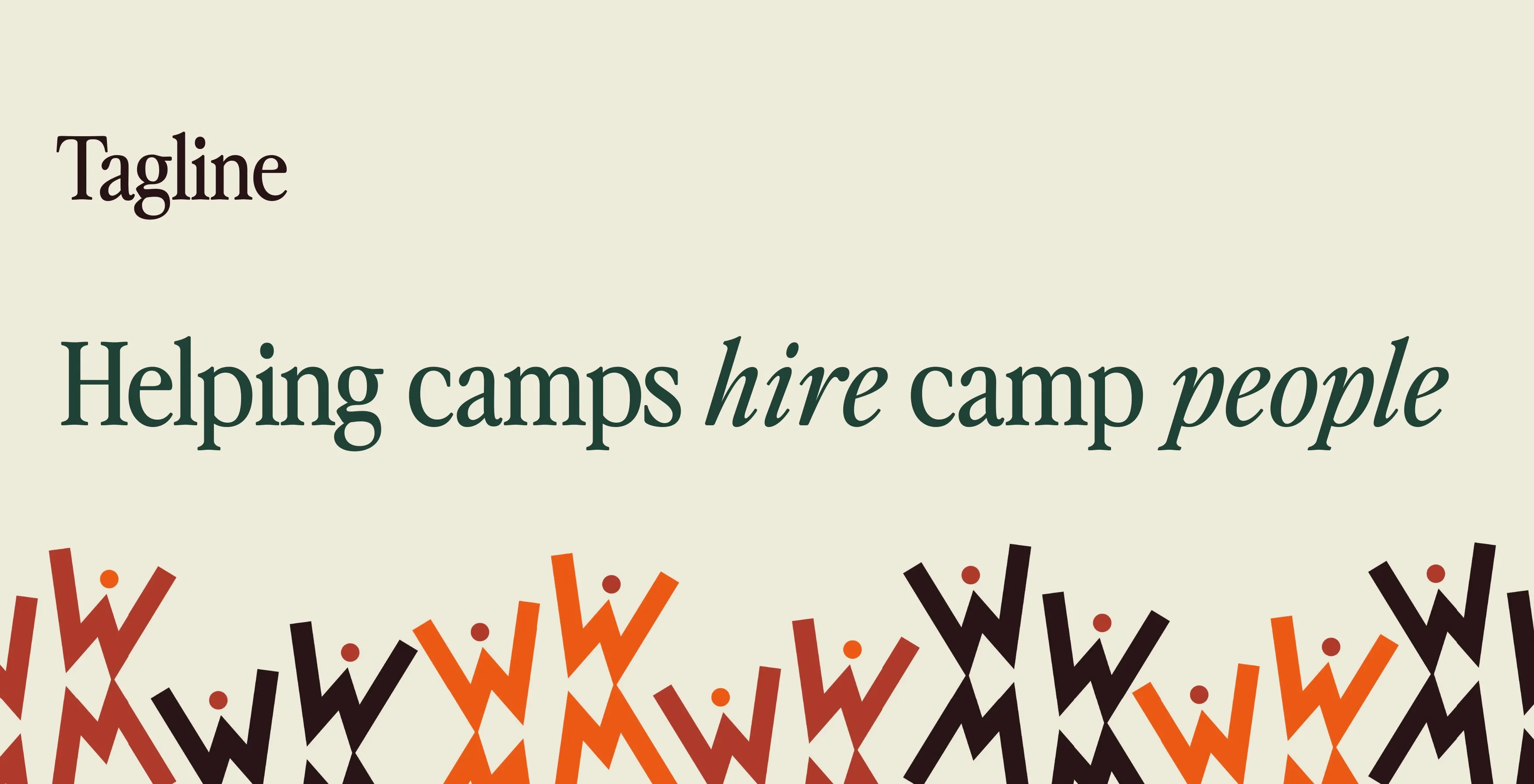 Tagline reading 'Helping camps hire camp people' with stylized figures in red, orange, and black at the bottom.