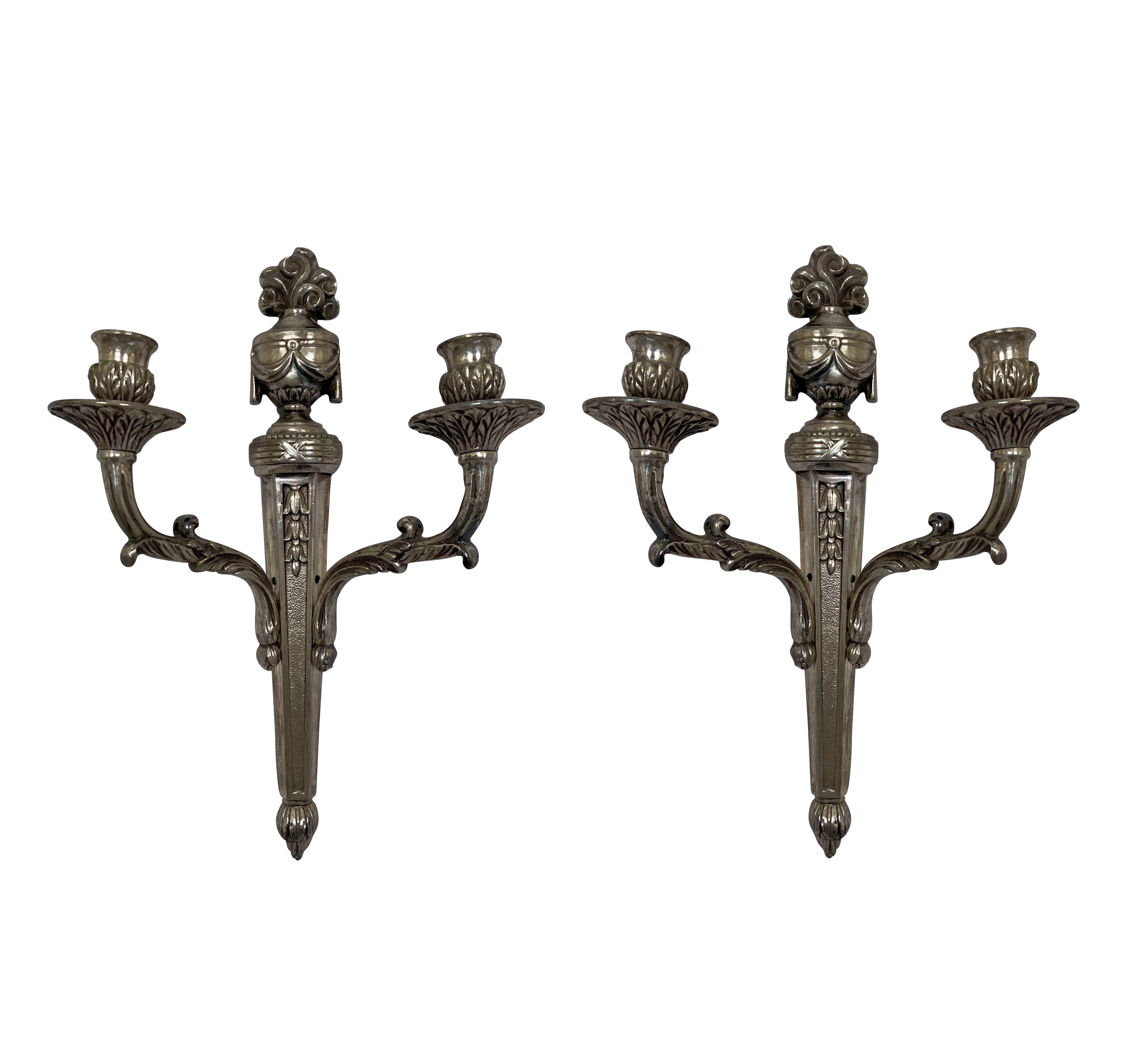 A PAIR OF FRENCH SILVER PLATED WALL SCONCES