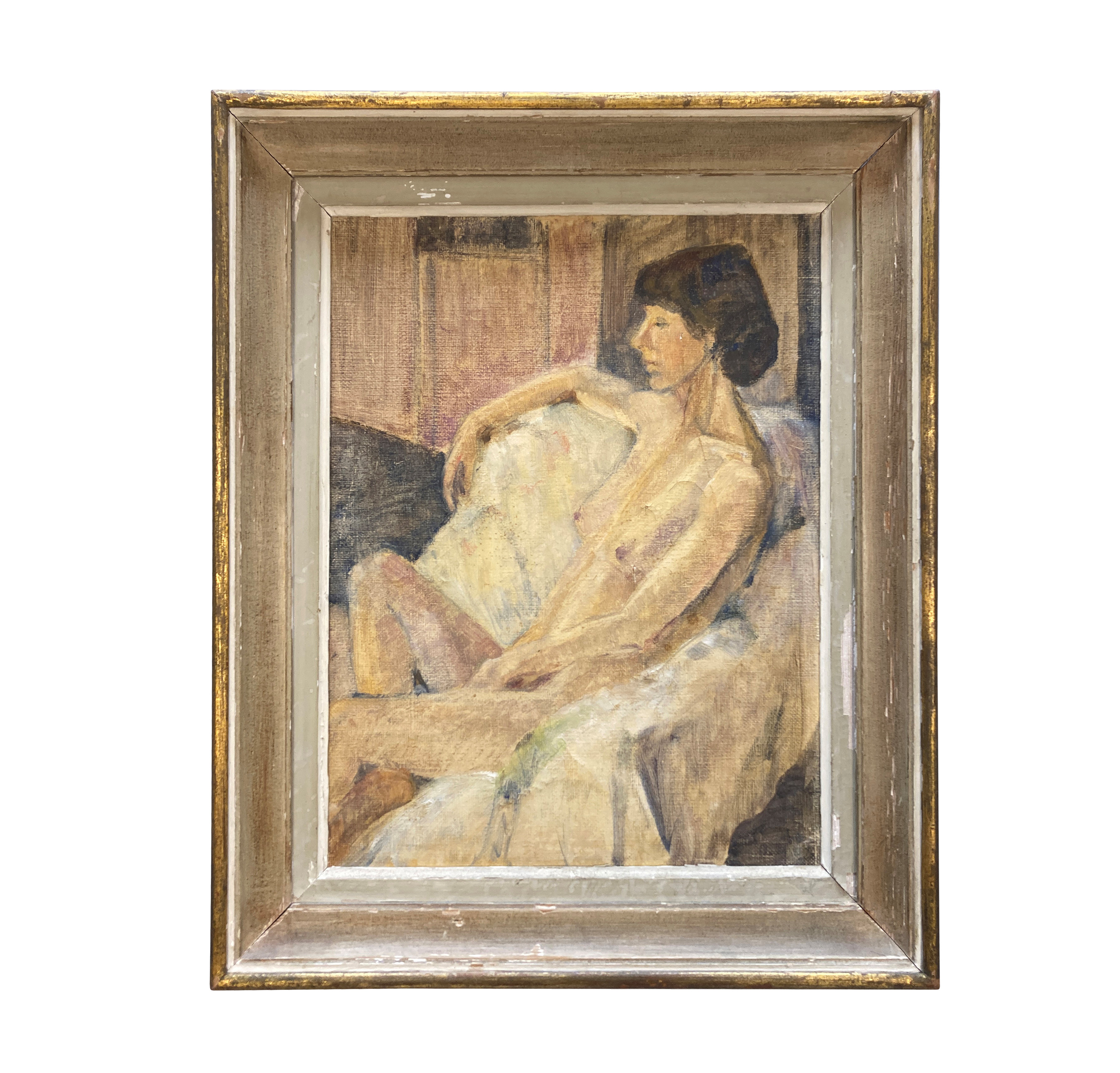 AN ENGLISH FRAMED OIL ON CANVAS OF A FEMALE NUDE