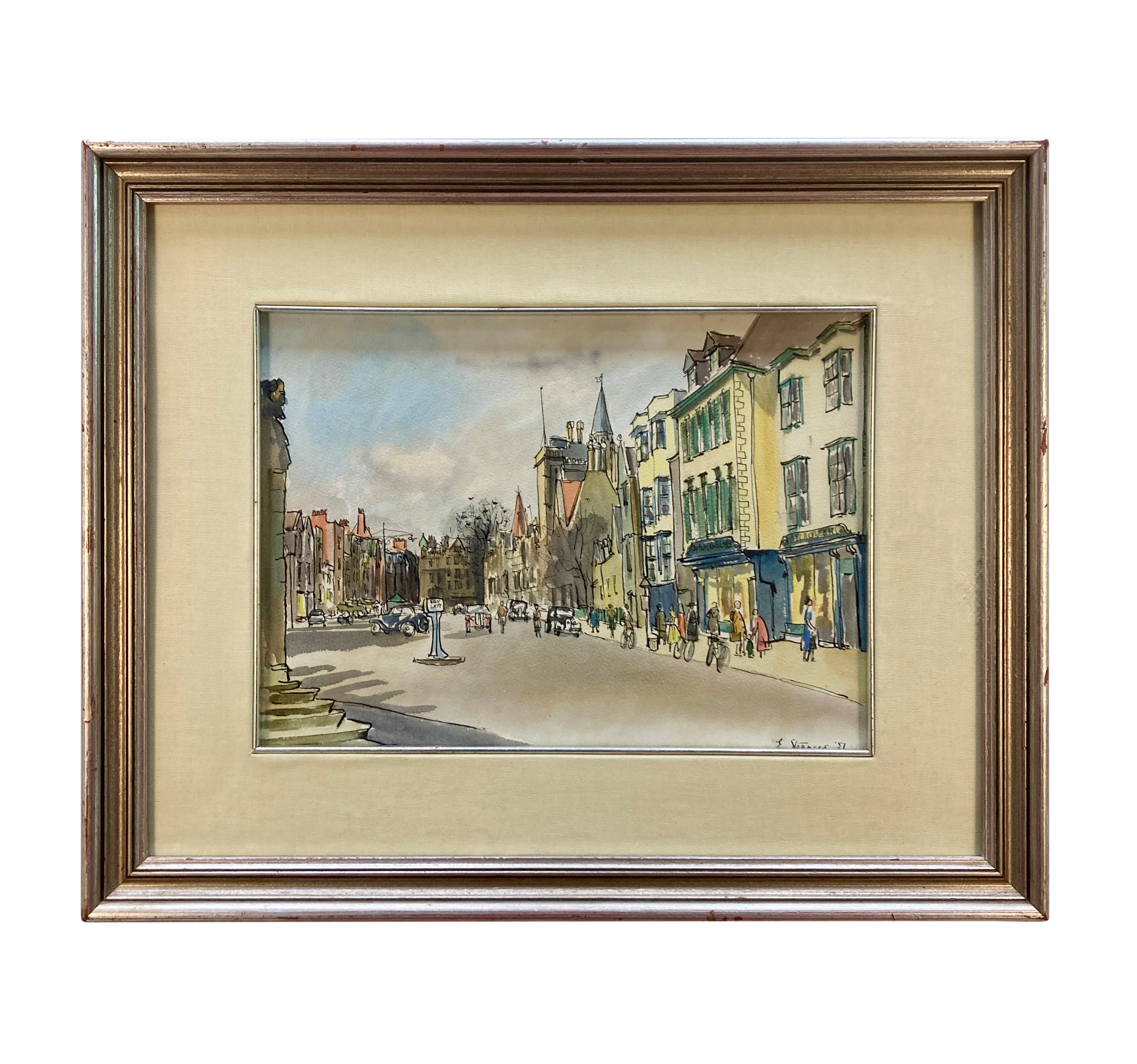 A FRAMED INK & WATERCOLOUR OF BROAD STEET, OXFORD