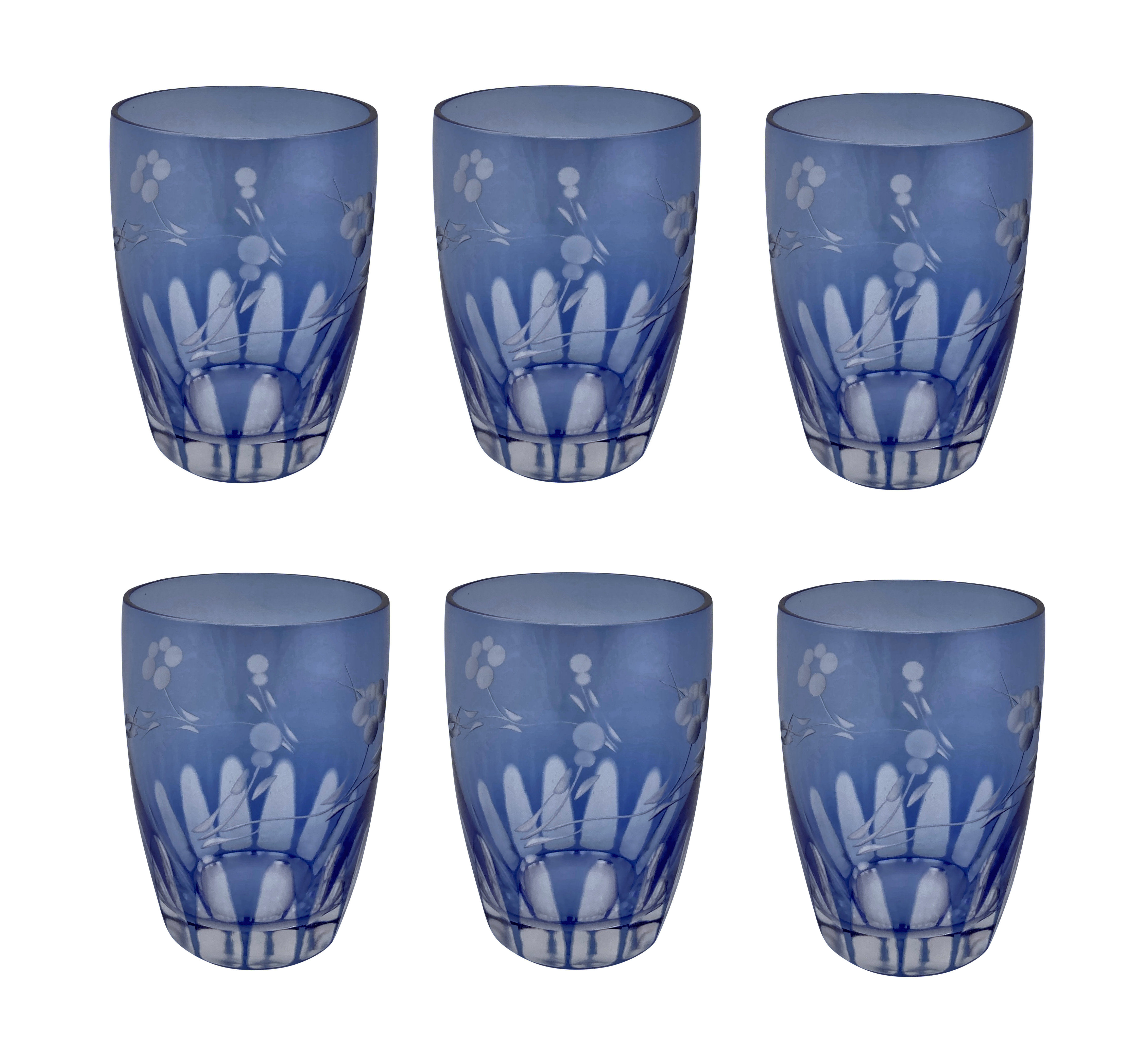 A SET OF SIX CUT GLASS DRINKING GLASSES IN PALE BLUE