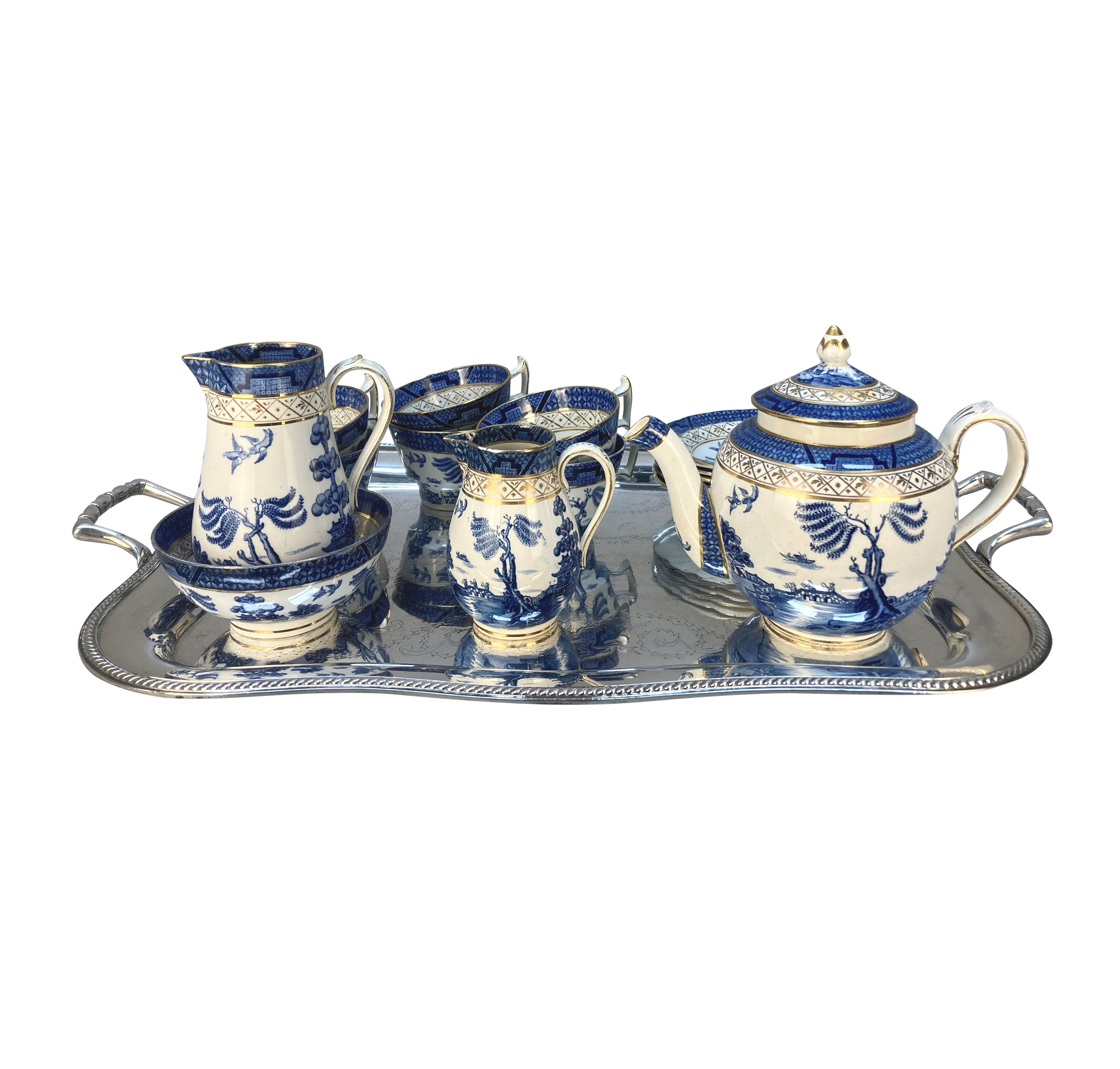A SILVER TEA TRAY WITH A BOOTHS OLD WILLOW PATTERN TEA SERVICE