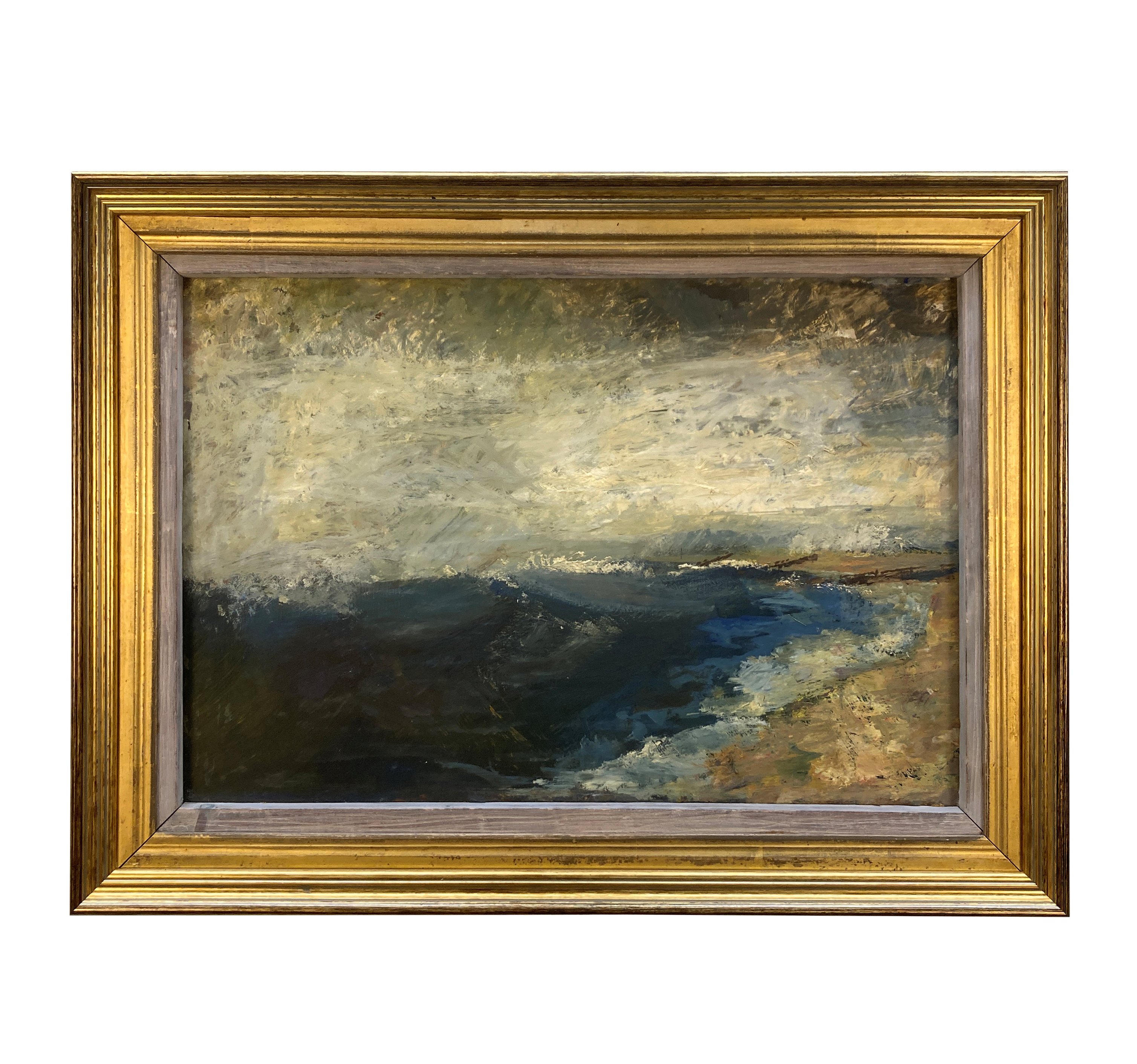 A FRAMED OIL ON PANEL SEASCAPE IN THE MANNER OF TURNER