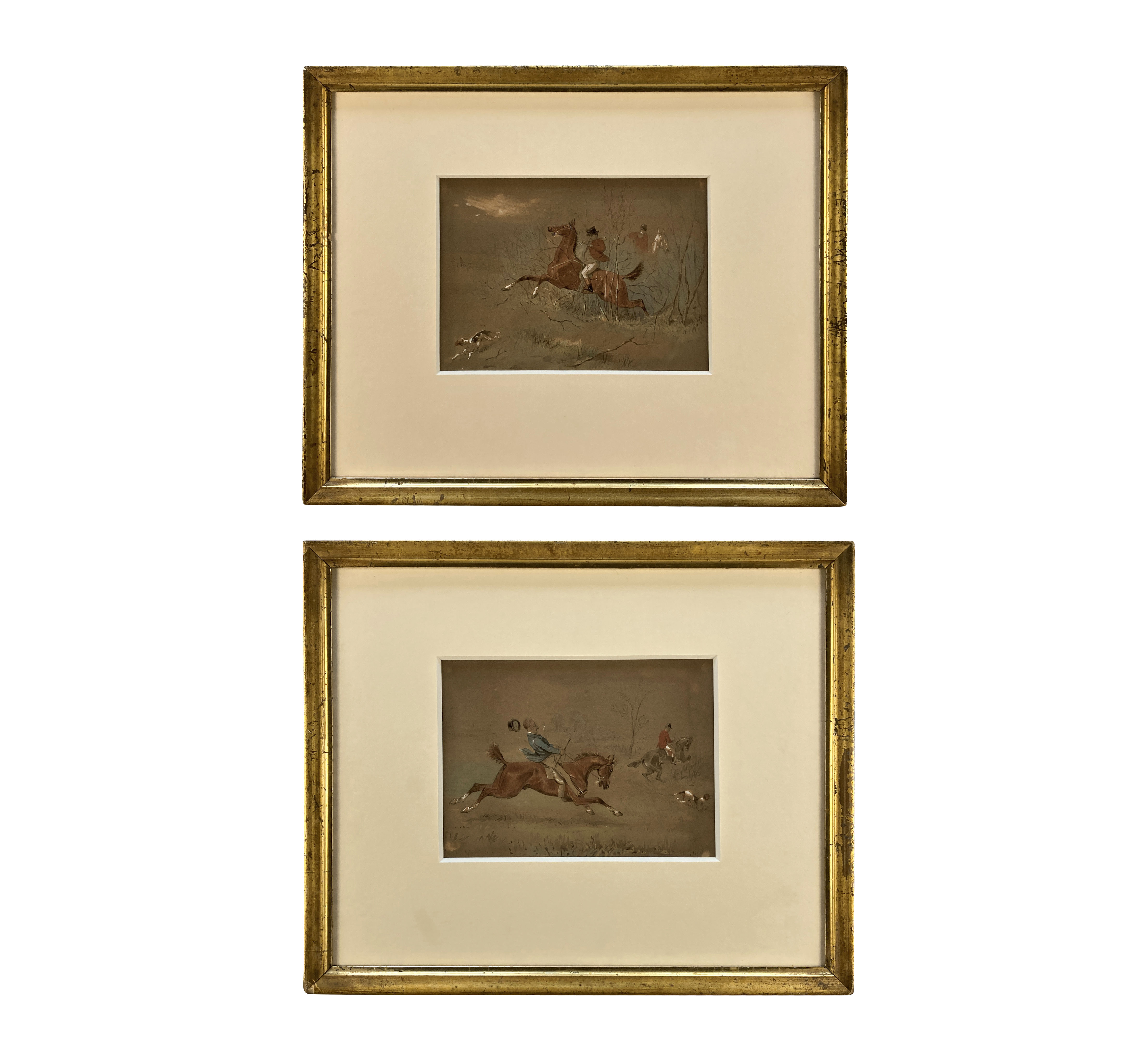 A PAIR OF FRAMED & GLAZED HUNTING SCENE WATERCOLOURS